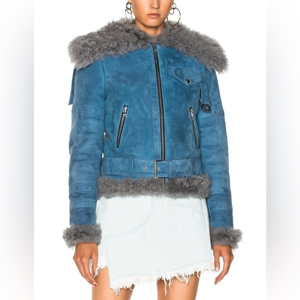 Sandy Liang Skyla Suede Jacket Blue Size 40 (U.S 4) Fur Trim Buckle Accents